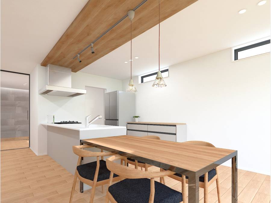 ダイニングから繋がるキッチン。完成イメージパースです。